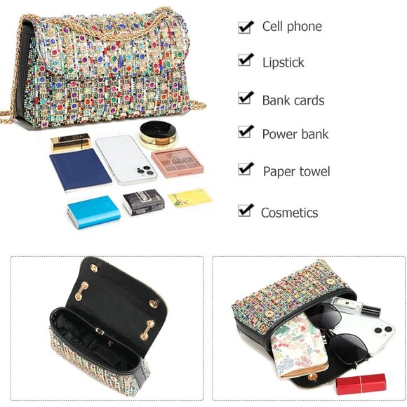 Womens Chain Shoulder Rhinestones Clutch Sparkly Evening Cocktail Prom Multi Bag - Picture 4 of 6